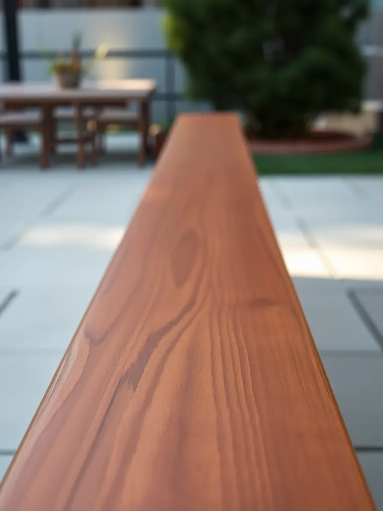 Close-up of a bench crafted from mahogany wood, showcasing its reddish-brown color and fine grain pattern, highlighting its elegance and smooth finish.