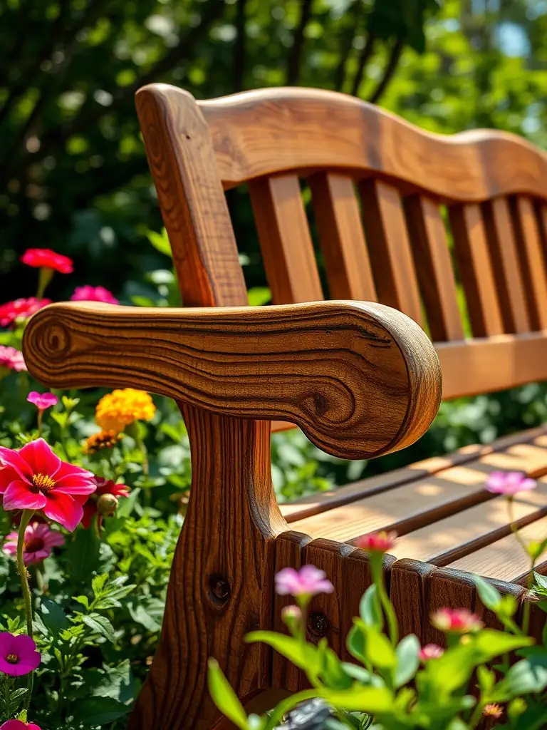 Close-up of a bench crafted from teak wood, showcasing its rich golden-brown color and tight grain pattern, highlighting its natural oil finish and resistance to weathering.